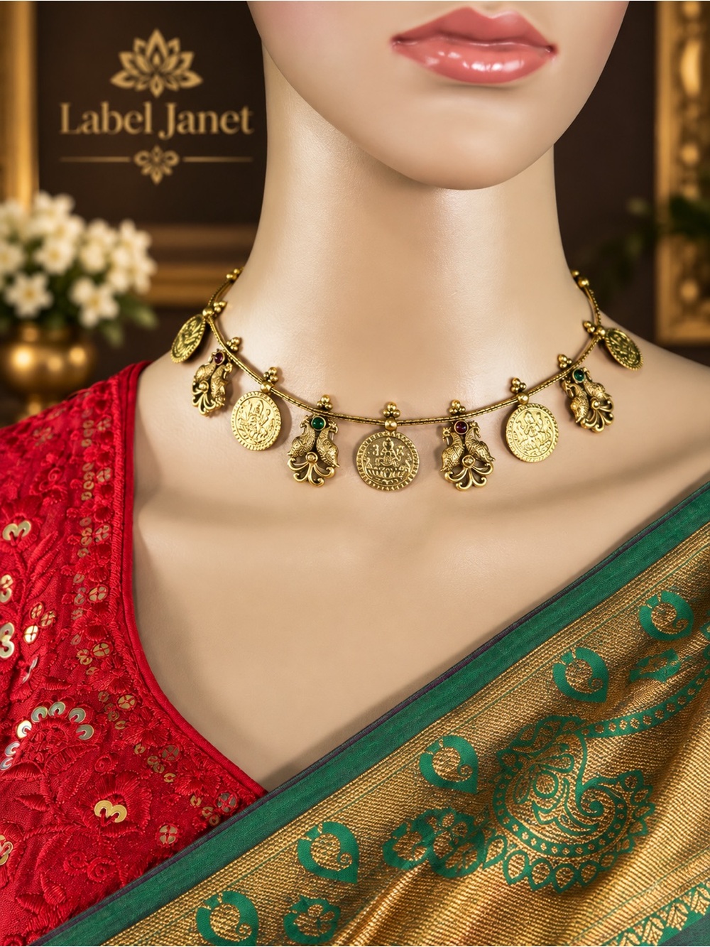 Gold Tone Coin Charm Necklace & Earrings Set - Gold with Red/Green Accents